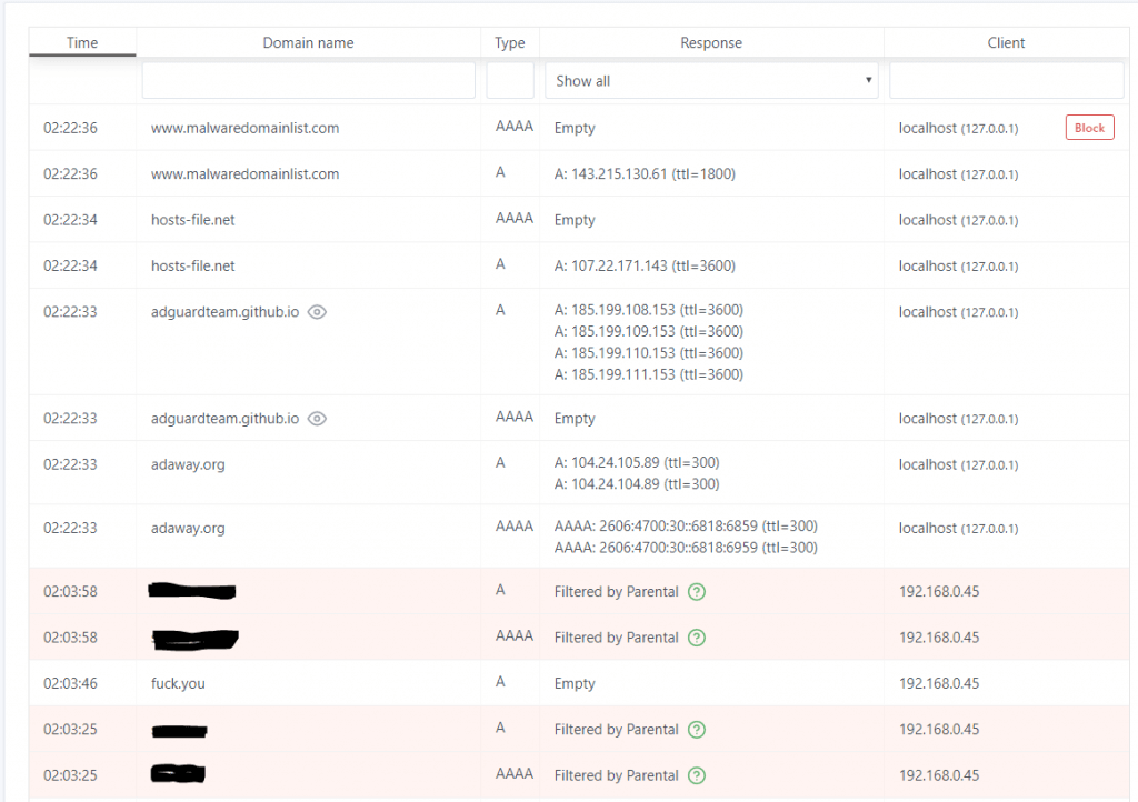 AdGuard Home - Query Log - https://techblog.co.il