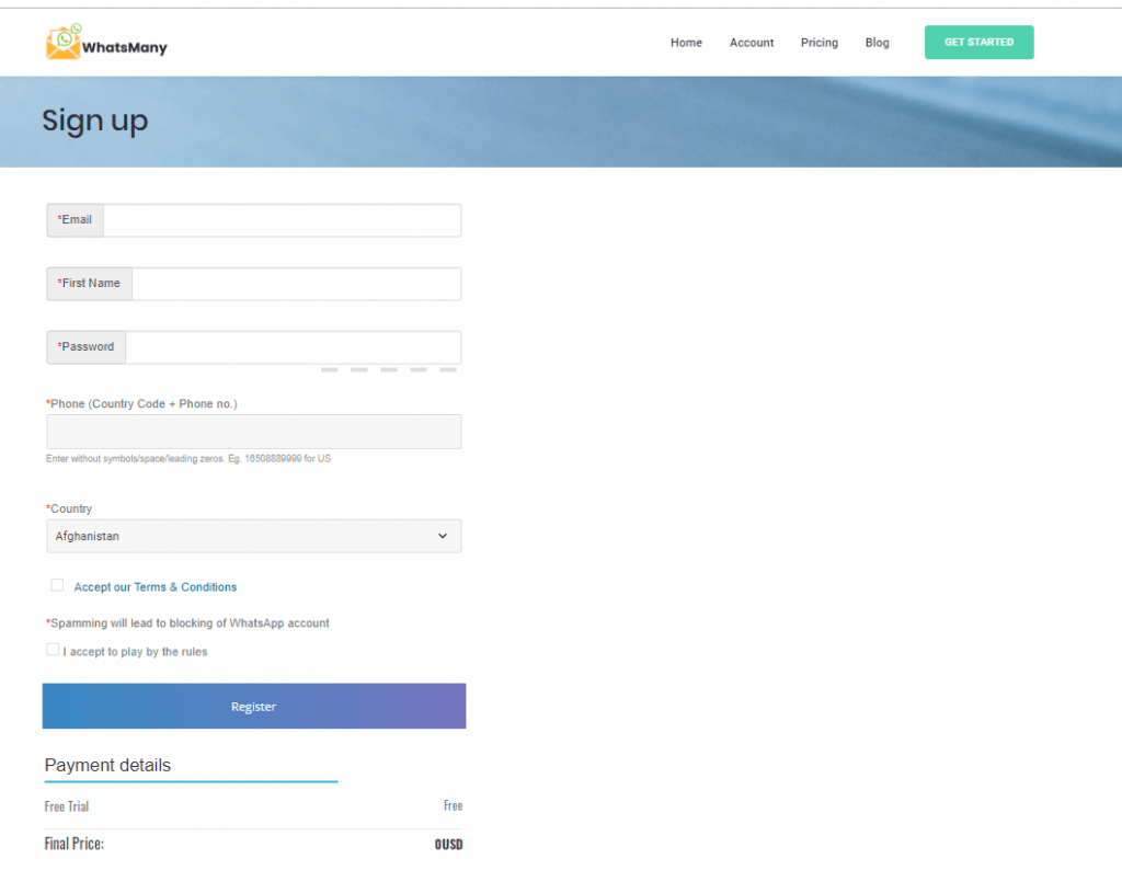 Whatsmany - Sign up form